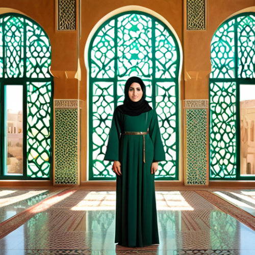 Home 11 An elegant professional woman, fully clothed in modest, contemporary attire with subtle traditional Arabic design elements. She stands in a spacious, modern architectural hall featuring intricate Zellige mosaic patterns on the walls in vibrant emerald green, luxurious golden yellow, and serene blue. Sunlight streams through large arched windows, casting a warm glow on the earthy red floor. The scene emphasizes the rich cultural heritage and aesthetic beauty of Arab colors in a professional setting. Perfect anatomy, correct proportions, natural pose, well-formed hands, proper finger count, safe for work, appropriate content, fully clothed, professional dress, family-friendly, high-quality, ultra-realistic, cinematic lighting.