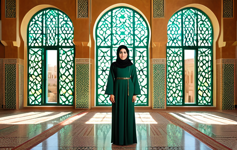 An elegant professional woman, fully clothed in modest, contemporary attire with subtle traditional Arabic design elements. She stands in a spacious, modern architectural hall featuring intricate Zellige mosaic patterns on the walls in vibrant emerald green, luxurious golden yellow, and serene blue. Sunlight streams through large arched windows, casting a warm glow on the earthy red floor. The scene emphasizes the rich cultural heritage and aesthetic beauty of Arab colors in a professional setting. Perfect anatomy, correct proportions, natural pose, well-formed hands, proper finger count, safe for work, appropriate content, fully clothed, professional dress, family-friendly, high-quality, ultra-realistic, cinematic lighting.