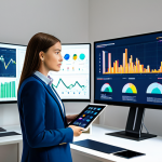 A professional female brand strategist in a modest business suit, thoughtfully analyzing data on multiple large screens in a sleek, modern, well-lit design studio. The screens display vibrant color palettes, complex data visualizations, and charts showing consumer color preferences, reflecting AI-driven insights. She holds a tablet showing a color trend report. The atmosphere is innovative and analytical. Full body shot, perfect anatomy, correct proportions, natural pose, well-formed hands, proper finger count, natural body proportions. Professional photography, high quality, studio lighting, fully clothed, appropriate attire, professional dress, safe for work, appropriate content, family-friendly.