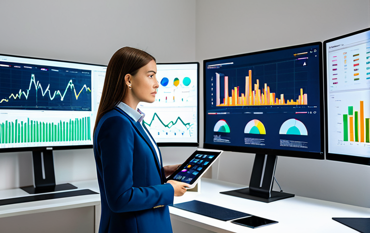 A professional female brand strategist in a modest business suit, thoughtfully analyzing data on multiple large screens in a sleek, modern, well-lit design studio. The screens display vibrant color palettes, complex data visualizations, and charts showing consumer color preferences, reflecting AI-driven insights. She holds a tablet showing a color trend report. The atmosphere is innovative and analytical. Full body shot, perfect anatomy, correct proportions, natural pose, well-formed hands, proper finger count, natural body proportions. Professional photography, high quality, studio lighting, fully clothed, appropriate attire, professional dress, safe for work, appropriate content, family-friendly.