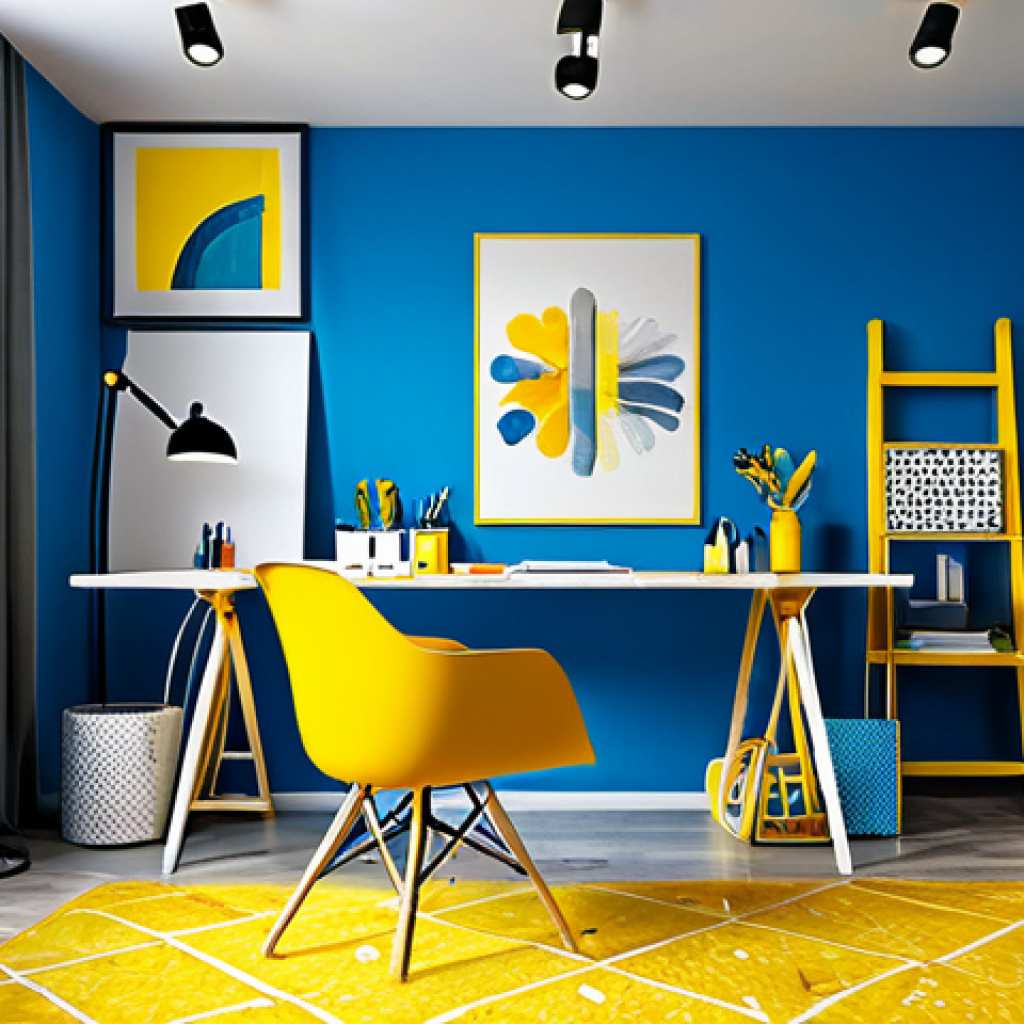 Creative Workspace**

"A brightly lit, modern office space designed to stimulate creativity. The scene incorporates various colors, with yellow accents to promote happiness and blue elements for focus. A fully clothed artist or designer is at work, surrounded by art supplies and mood boards. Appropriate attire, safe for work, family-friendly, perfect anatomy, natural proportions, high-quality render, professional environment."

**