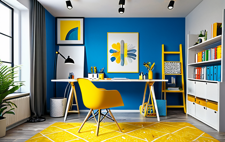 Creative Workspace**

"A brightly lit, modern office space designed to stimulate creativity. The scene incorporates various colors, with yellow accents to promote happiness and blue elements for focus. A fully clothed artist or designer is at work, surrounded by art supplies and mood boards. Appropriate attire, safe for work, family-friendly, perfect anatomy, natural proportions, high-quality render, professional environment."

**