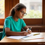 색채와 기억력의 관계 - **Prompt:** A bright and inviting study space. A focused young adult, dressed casually in modest att...