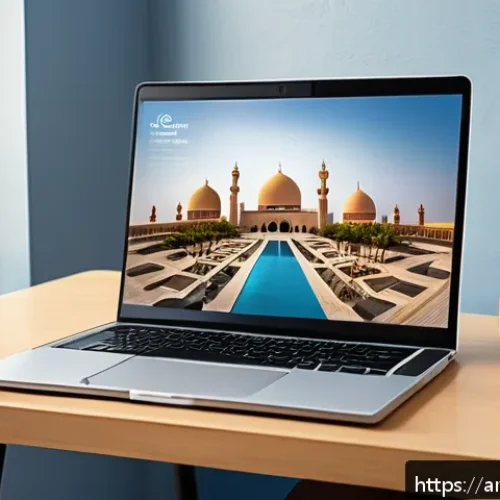 Home 13 심리학적 색채 이론의 응용 분야 - A modern Arabic digital marketing workspace showing a sleek laptop screen displaying a website with ...