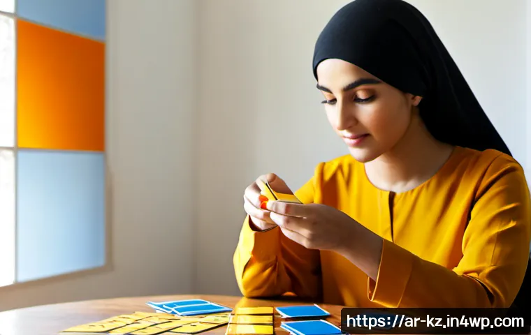 색채 감정 인식 훈련 방법 - Photorealistic Arab woman in modest contemporary clothing seated at a sunlit home desk, thoughtfully...