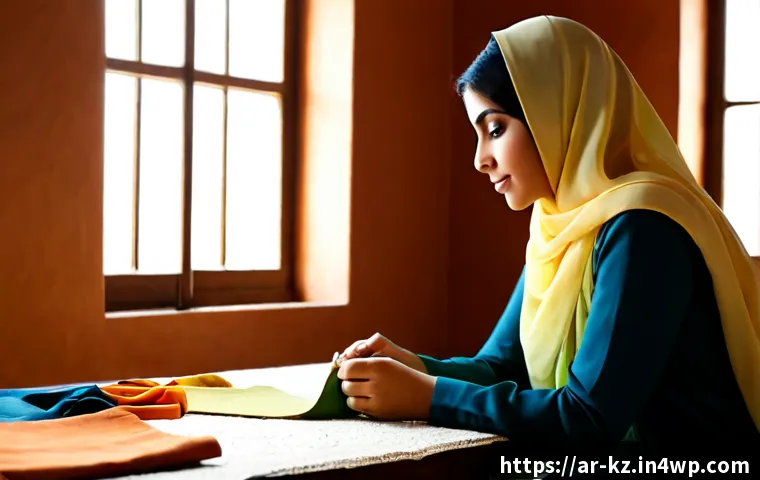 Home 17 감정 표현을 위한 색상 선택법 - Photorealistic editorial scene of an Arab woman in elegant modest clothing seated at a sunlit home s...